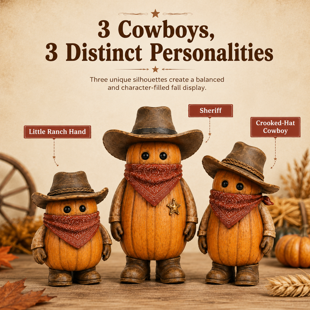 The Pumpkin Posse – Vintage Western Pumpkin Cowboy Figurines, Set of 3