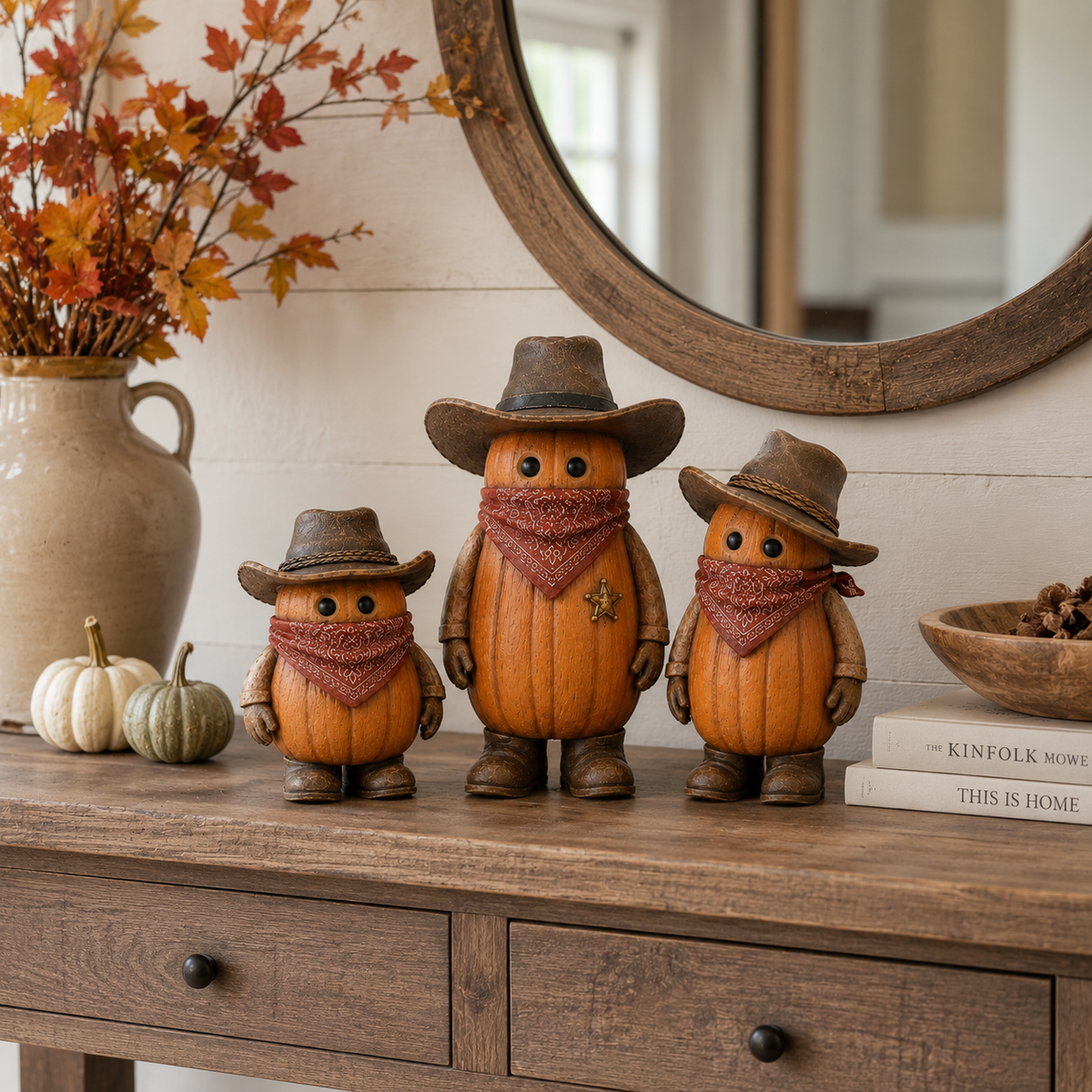 The Pumpkin Posse – Vintage Western Pumpkin Cowboy Figurines, Set of 3