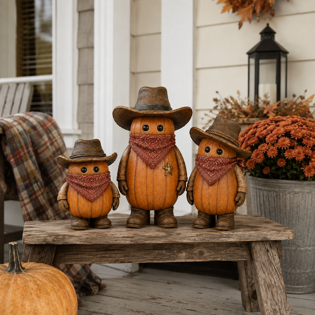 The Pumpkin Posse – Vintage Western Pumpkin Cowboy Figurines, Set of 3