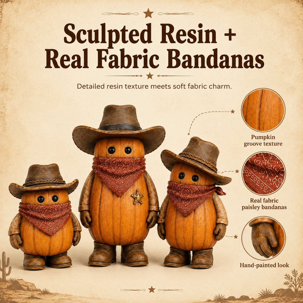 The Pumpkin Posse – Vintage Western Pumpkin Cowboy Figurines, Set of 3