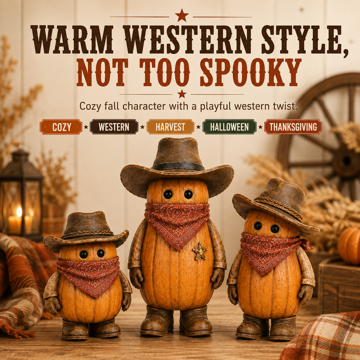 The Pumpkin Posse – Vintage Western Pumpkin Cowboy Figurines, Set of 3