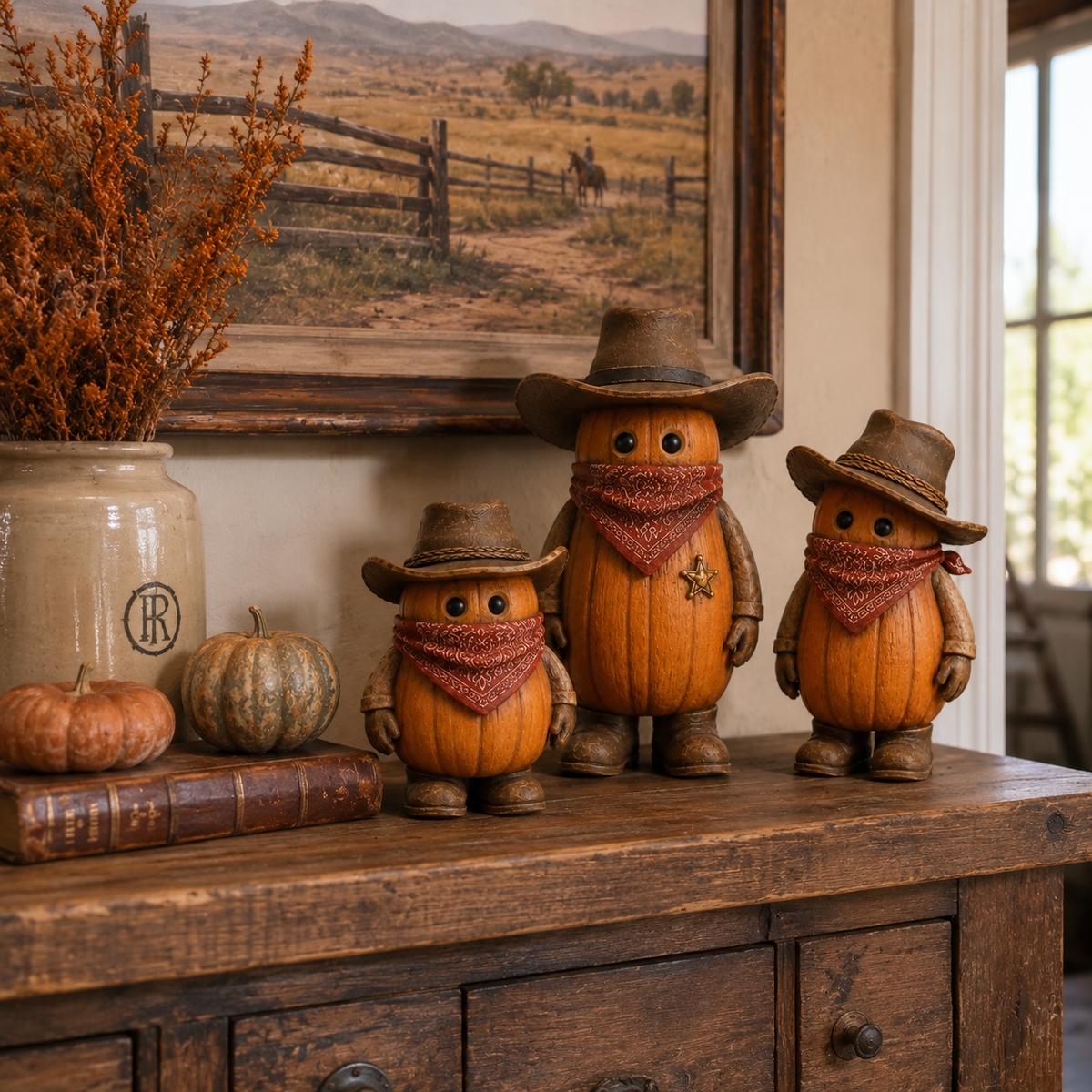 The Pumpkin Posse – Vintage Western Pumpkin Cowboy Figurines, Set of 3